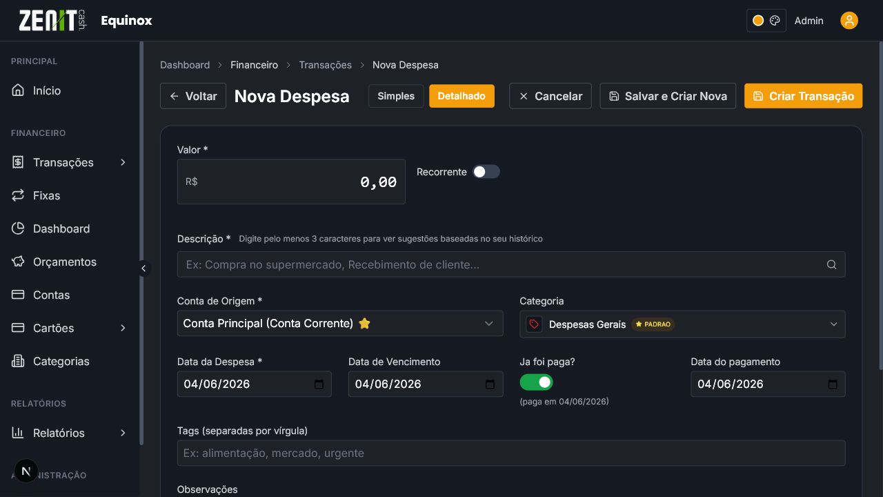 Formulario de nova despesa
